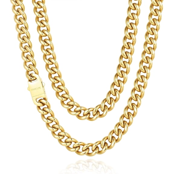 FANCIME Men's 14K Gold Plated Stainless Steel Hip Hop Miami Cuban Link Chain Necklace, 9mm Width, 20-Inch, Waterproof & Tarnish-Free