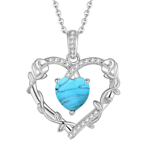 FANCIME Heart Rose Flower Necklace 925 Sterling Silver Birthstone Pendant Created Gemstone Jewellery Anniversary Birthday Christmas Gifts for Women 16+2 Inch
