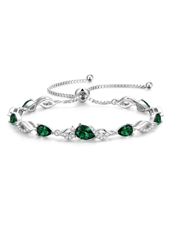 Sterling Silver Emerald Teardrop Tennis Bracelet for Women with May Birthstone Main Gemstone and Adjustable Bolo Chain