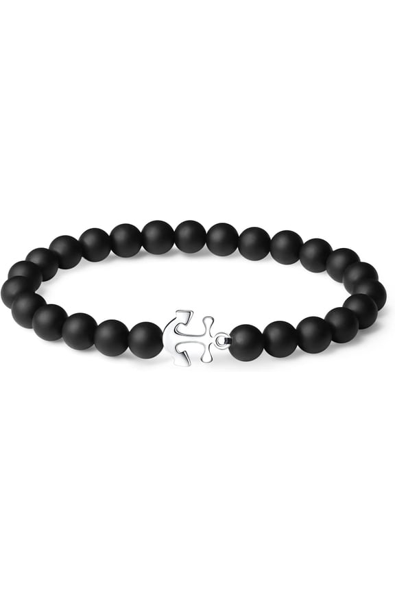 Mens Obsidian Beaded Bracelet 925 Sterling silver Charm Stretch Bracelet Jewelry Gift For Him