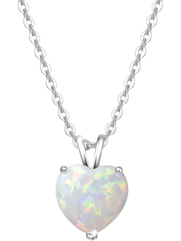 Sterling Silver Created White Opal Heart Pendant Necklace for Women, October Birthstone with 16"+2" Chain