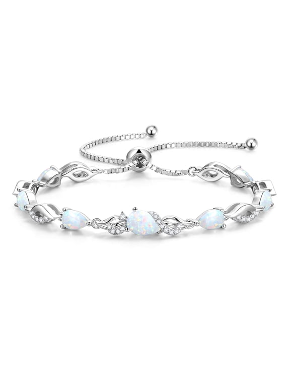 Sterling Silver Opal Teardrop Tennis Bracelet for Women with October Birthstone 9x7mm Main Gemstone and Adjustable Bolo Chain