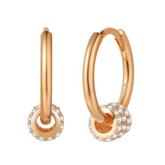 FANCIME Rose Gold Plated 925 Sterling Silver CZ Cubic Zirconia Cartilage Huggie Endless Sleeper Round Ball Dangle Drop Hoop Earrings Dainty Fine Jewelry Gifts for Women, 15mm (Rose Gold Plated Silver)