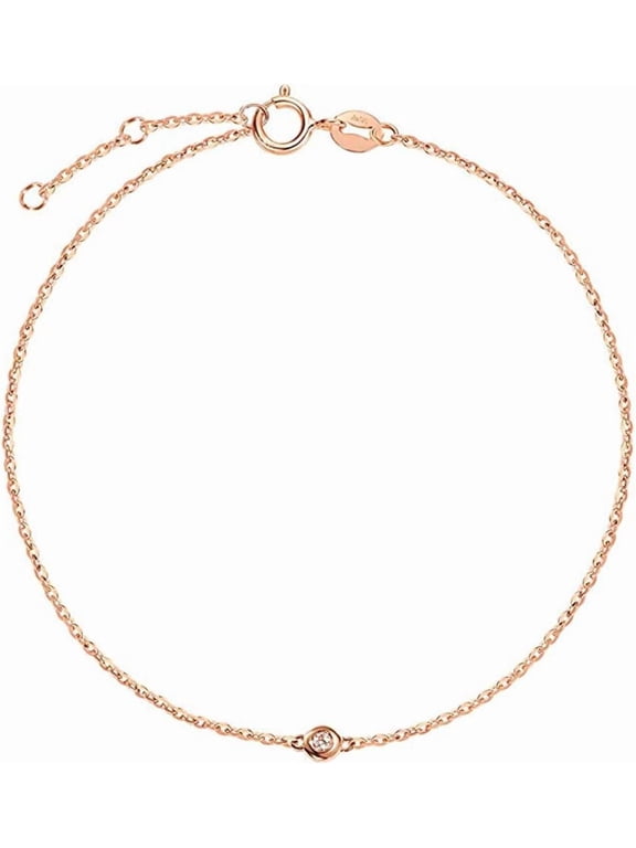 Solid 18K Rose Gold Charm Bracelet for Women with Solitaire Lab-Grown Diamond 0.015ct, 6.7 + 1.2" Chain
