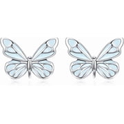 FANCIME 925 Sterling Silver Glowing Butterfly Stud Earrings for Women, White Gold Plated with Blue Luminous Enamel