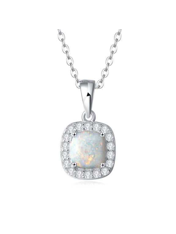 Women's 925 Sterling Silver Created White Opal Necklace, Halo Pendant with Cubic Zirconia