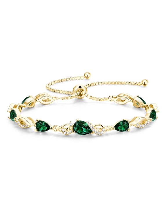 Sterling Silver Emerald Teardrop Tennis Bracelet for Women with May Birthstone and Adjustable Bolo Chain, Gold Plated