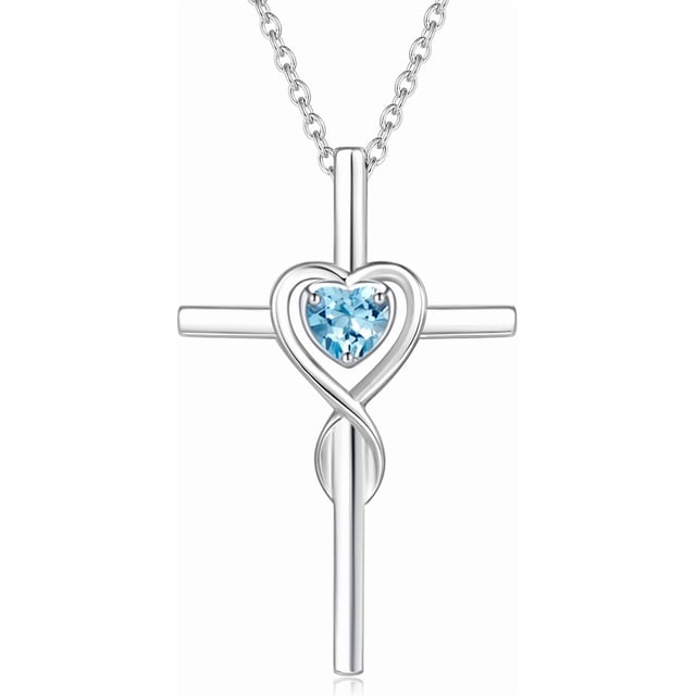 FANCIME Sterling Silver Heart Infinity Cross Aquamarine Pendant ...