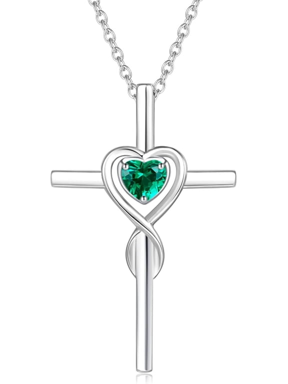 Sterling Silver Heart Infinity Cross Emerald Pendant Necklace for Women, May Birthstone with 16"+2" Chain