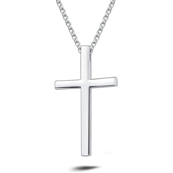 FANCIME Sterling Silver Large Cross Pendant Necklace for Men, White Gold Plated with 24" Rolo Chain