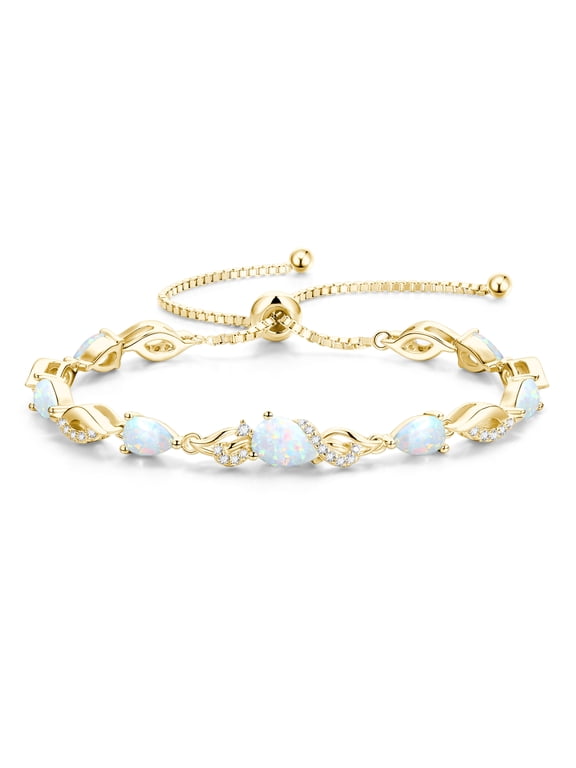 Sterling Silver Opal Teardrop Tennis Bracelet for Women with October Birthstone and Adjustable Bolo Chain, Gold Plated
