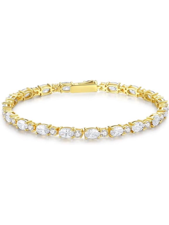 Sterling Silver Oval April Birthstone CZ Cubic Zircon Tennis Bracelets for Women with CZ, Yellow Gold Plated 7" Chain