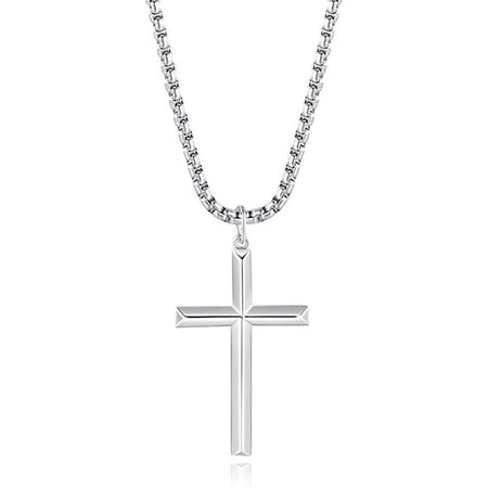 FANCIME White Gold Plated 925 Solid Sterling Silver High Polished Big Large Beveled Edge Mens Crucifix Cross Pendant Long Necklace Fine Jewelry For Men Boys, Stainless Steel Box Chain Length 24 Inch