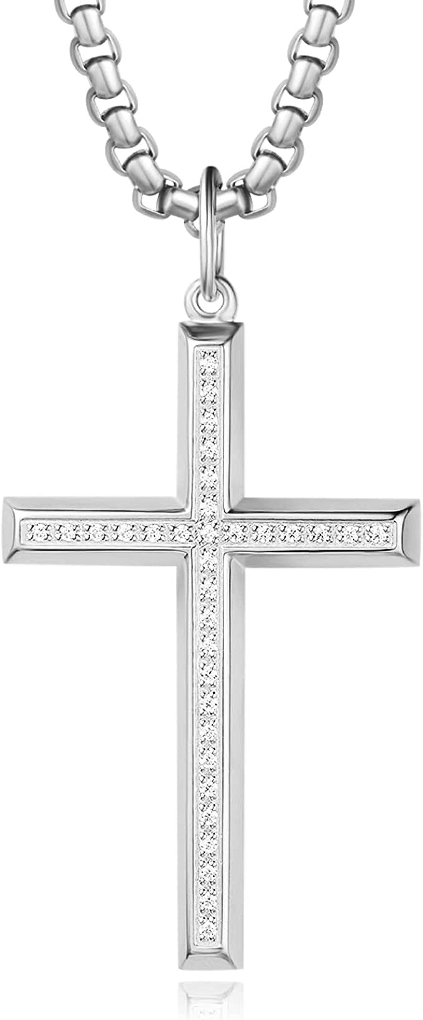 FANCIME White Gold Plated 925 Solid Sterling Silver Polished Big Beveled Edge Men's Crucifix Cross Pendant Long Necklace Fine Jewelry For Men, With Strong Stainless Steel Box Chain 24 Inch