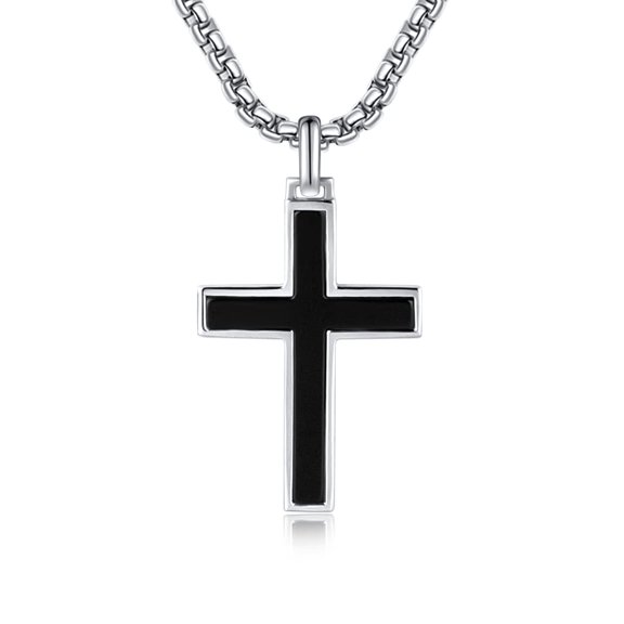 FANCIME White Gold Plated 925 Solid Sterling Silver Polished Black Men's Crucifix Cross Pendant Long Necklace Fine Jewelry Valentines Day Gifts for Him Mens, Stainless Steel Box Chain Length 24"