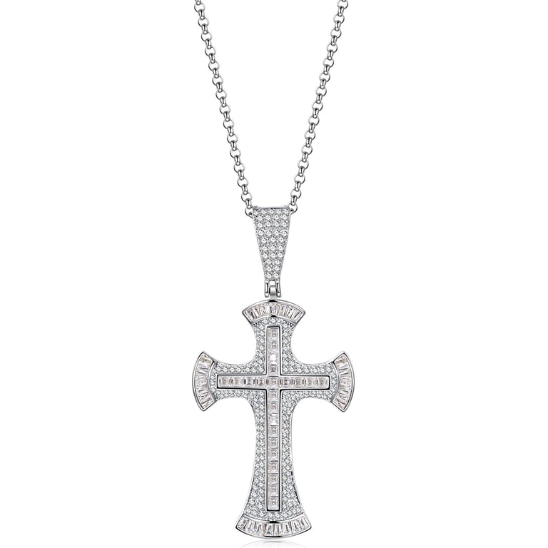 925 Sterling Silver Rhodium Plated Cross Pendant With Pink & White Cubic Zirconia - Faith Necklace For Women