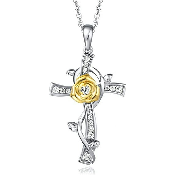 FANCIME White Gold Plated 925 Sterling Silver Garden Rose and Princess Crown Stone Cross Crucifix Pendant Necklace Jewelry Gift for Women, 18 INCHES with Extender