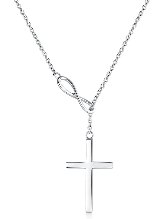 925 Sterling Silver Lariat Infinity Cross Pendant Y Necklace for Women, White Gold Plated with 18" Chain