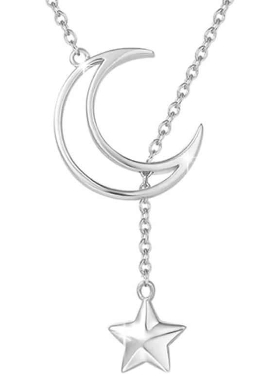 Women's White Gold Plated 925 Sterling Silver Crescent Moon and Star Pendant Necklace, 16"+2" Chain