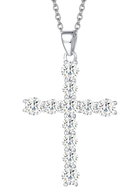 Women's White Gold-Plated Sterling Silver CZ Cubic Zirconia Cross Pendant Necklace, 18" Silver Chain Jewelry Gift for Her