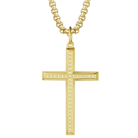 FANCIME Yellow Gold Plated 925 Solid Sterling Silver Polished Big Beveled Edge Men's Crucifix Cross Pendant Long Necklace Fine Jewelry For Men, With Strong Stainless Steel Box Chain 24 Inch