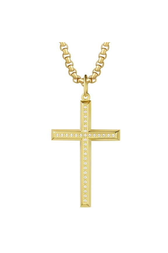 Yellow Gold Plated 925 Solid Sterling Silver Polished Big Beveled Edge Men's Crucifix Cross Pendant Long Necklace Fine Jewelry For Men, With Strong Stainless Steel Box Chain 24 Inch