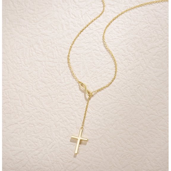 FANCIME Yellow Gold Plated 925 Sterling Silver High Polished Infinity Cross Adjustable Choker Pendant Lariat Necklace Y Necklace Jewelry for Women, 18"