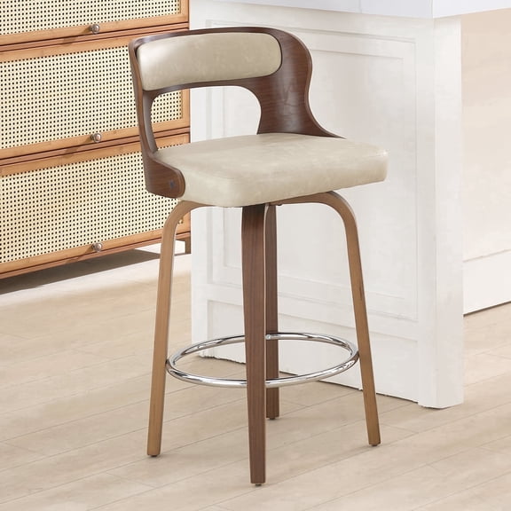 FANCROU 26 inch Swivel Counter Height Bar Stools Set Of 1, PU Leather Seat With Bentwood Back And Legs, Beigegrey