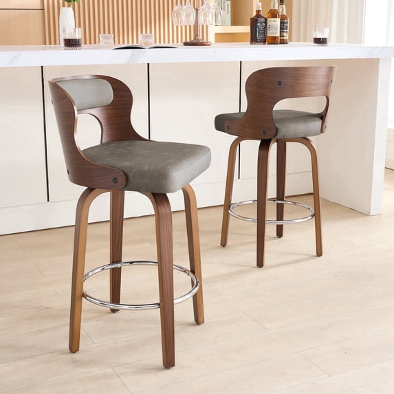 FANCROU 26 inch Swivel Counter Height Bar Stools Set Of 1, PU Leather Seat With Bentwood Back And Legs, Gray