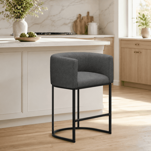 FANCROU 26" H Counter Height Bar Stools Set of 1, Fabric Barrel Stools with Back and Arms, Darkgray-Black Leg