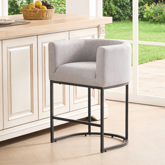 FANCROU 26" H Counter Height Bar Stools Set of 1, Fabric Barrel Stools with Back and Arms, Lightgrey-Black Leg