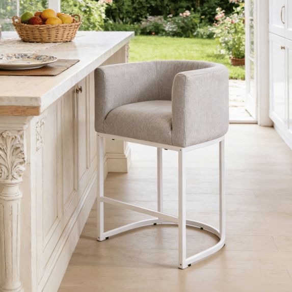 FANCROU 26" H Counter Height Bar Stools Set of 1, Fabric Barrel Stools with Back and Arms, Lightgrey-White Leg