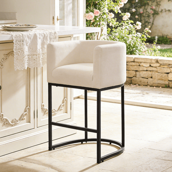 FANCROU 26" H Counter Height Bar Stools Set of 1, Fabric Barrel Stools with Back and Arms, Beige-Black Leg