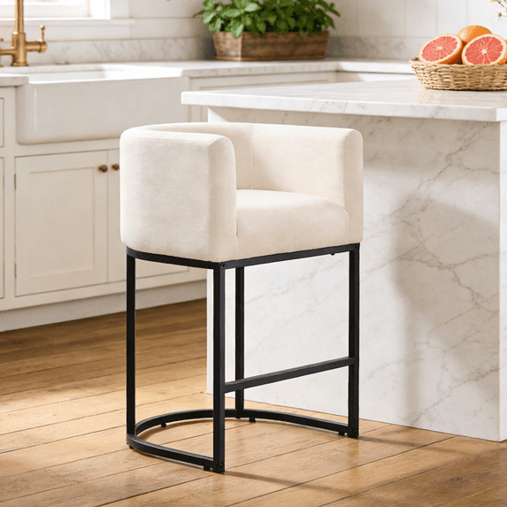FANCROU 26" H Counter Height Bar Stools Set of 1, Fabric Barrel Stools with Back and Arms, Linen-Black Leg
