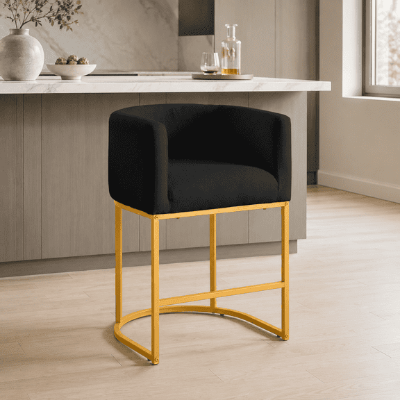 FANCROU 26" H Counter Height Bar Stools Set of 1, Fabric Barrel Stools with Back and Arms, Black-Golden Leg