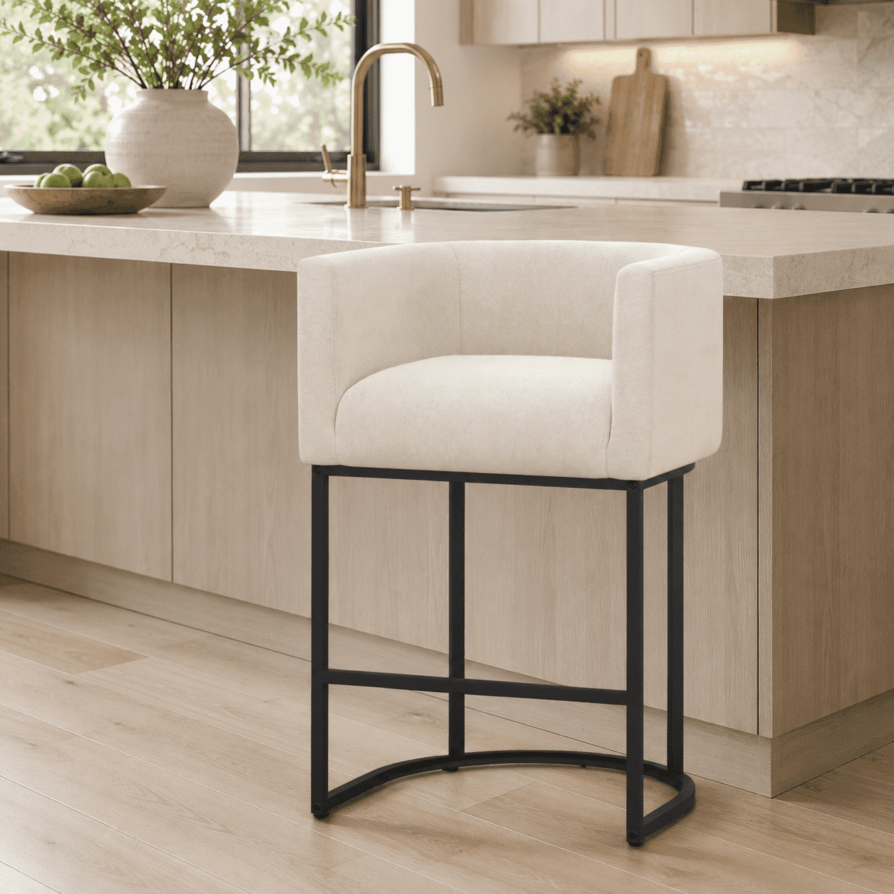 FANCROU 26" H Counter Height Bar Stools Set of 1, Fabric Barrel Stools with Back and Arms, Linen-Black Leg