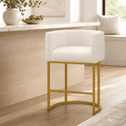 FANCROU 26" H Counter Height Bar Stools Set of 1, Fabric Barrel Stools with Back and Arms, Beige-Golden Leg