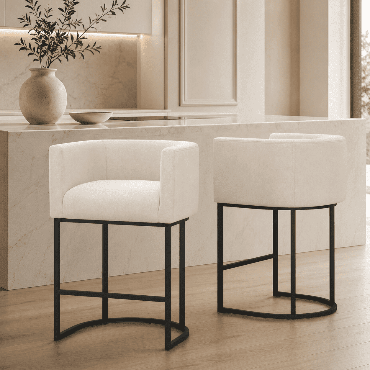 FANCROU 26" H Counter Height Bar Stools Set of 2, Fabric Barrel Stools with Back and Arms, Beige-Black Leg