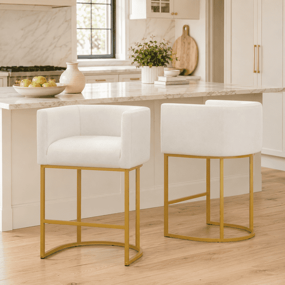 FANCROU 26" H Counter Height Bar Stools Set of 2, Fabric Barrel Stools with Back and Arms, Beige-Golden Leg
