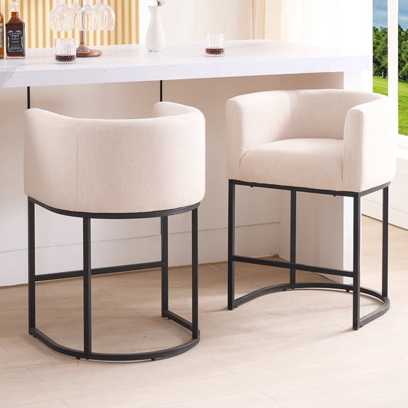 FANCROU 26" H Counter Height Bar Stools Set of 2, Fabric Barrel Stools with Back and Arms, Linen-Black Leg