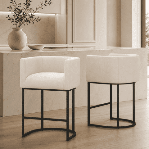 FANCROU 26" H Counter Height Bar Stools Set of 2, Fabric Barrel Stools with Back and Arms, Beige-Black Leg
