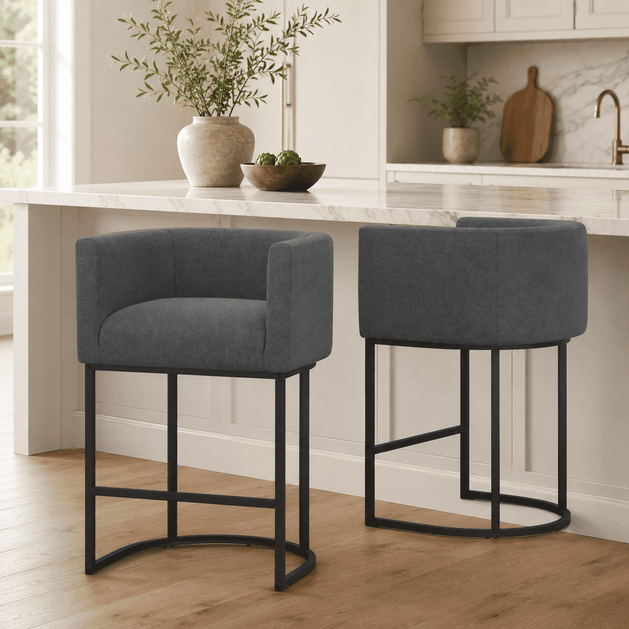 FANCROU 26" H Counter Height Bar Stools Set of 2, Fabric Barrel Stools with Back and Arms, Darkgray-Black Leg