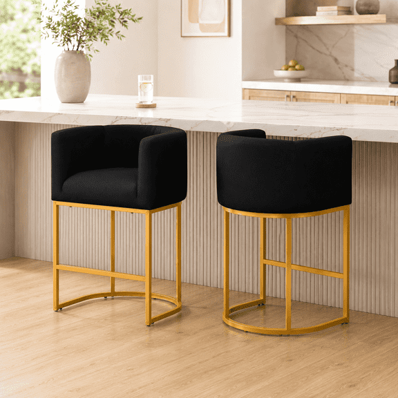FANCROU 26" H Counter Height Bar Stools Set of 2, Fabric Barrel Stools with Back and Arms, Black-Golden Leg
