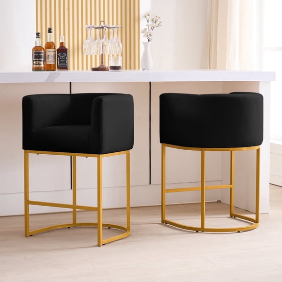 FANCROU 26" H Counter Height Bar Stools Set of 2, Fabric Barrel Stools with Back and Arms, Black-Golden Leg