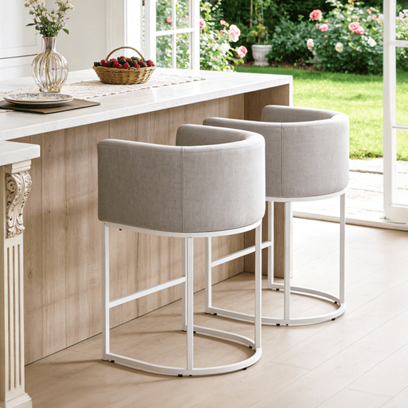 FANCROU 26" H Counter Height Bar Stools Set of 2, Fabric Barrel Stools with Back and Arms, Lightgrey-White Leg