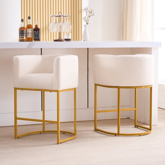 FANCROU 26" H Counter Height Bar Stools Set of 2, Modern Barrel Counter Stools with Backrest and Arms, Black Metal Frames,Fabric Upholstered Accent Barstools for Kitchen Island, Beige and Gold