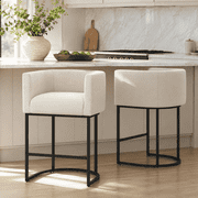 FANCROU 26" H Counter Height Bar Stools Set of 2, Fabric Barrel Stools with Back and Arms, Linen-Black Leg