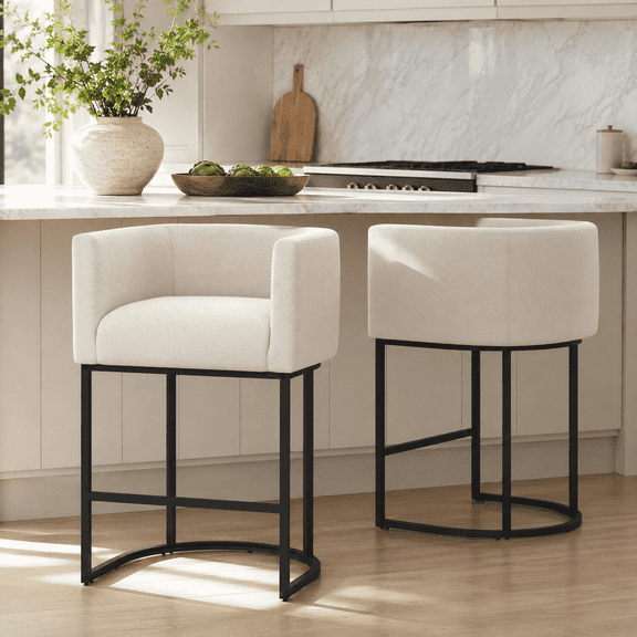 FANCROU 26" H Counter Height Bar Stools Set of 2, Fabric Barrel Stools with Back and Arms, Linen-Black Leg