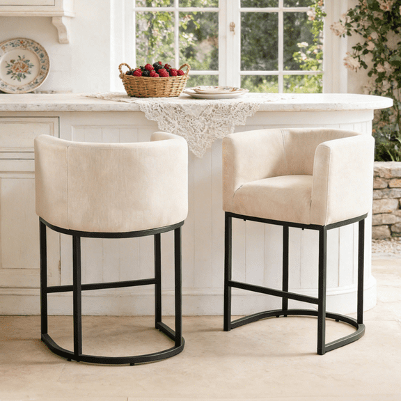 FANCROU 26" H Counter Height Bar Stools Set of 2, Fabric Barrel Stools with Back and Arms, Linen-Black Leg
