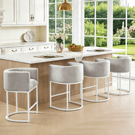 FANCROU 26" H Counter Height Bar Stools Set of 4, Fabric Barrel Stools with Back and Arms, Lightgrey-White Leg